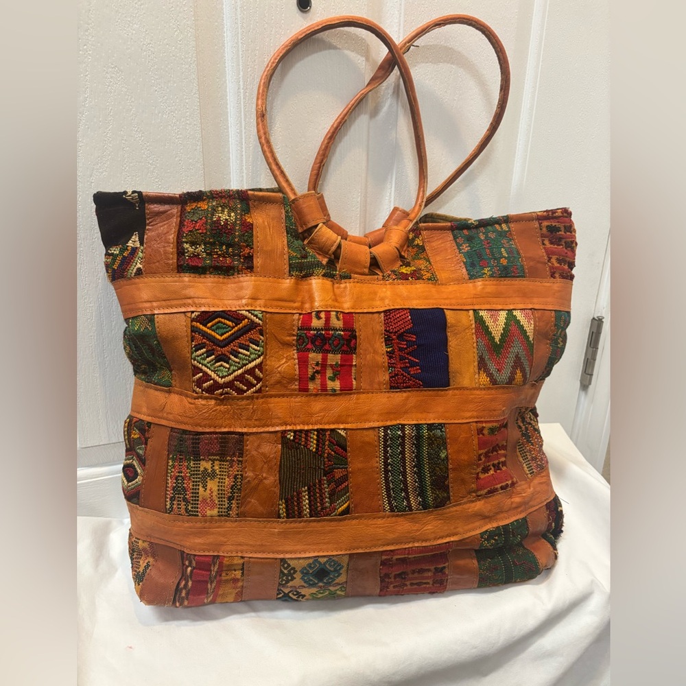 Patchwork Tote Bag - Multicolor Leather Cotton Ba… - image 1